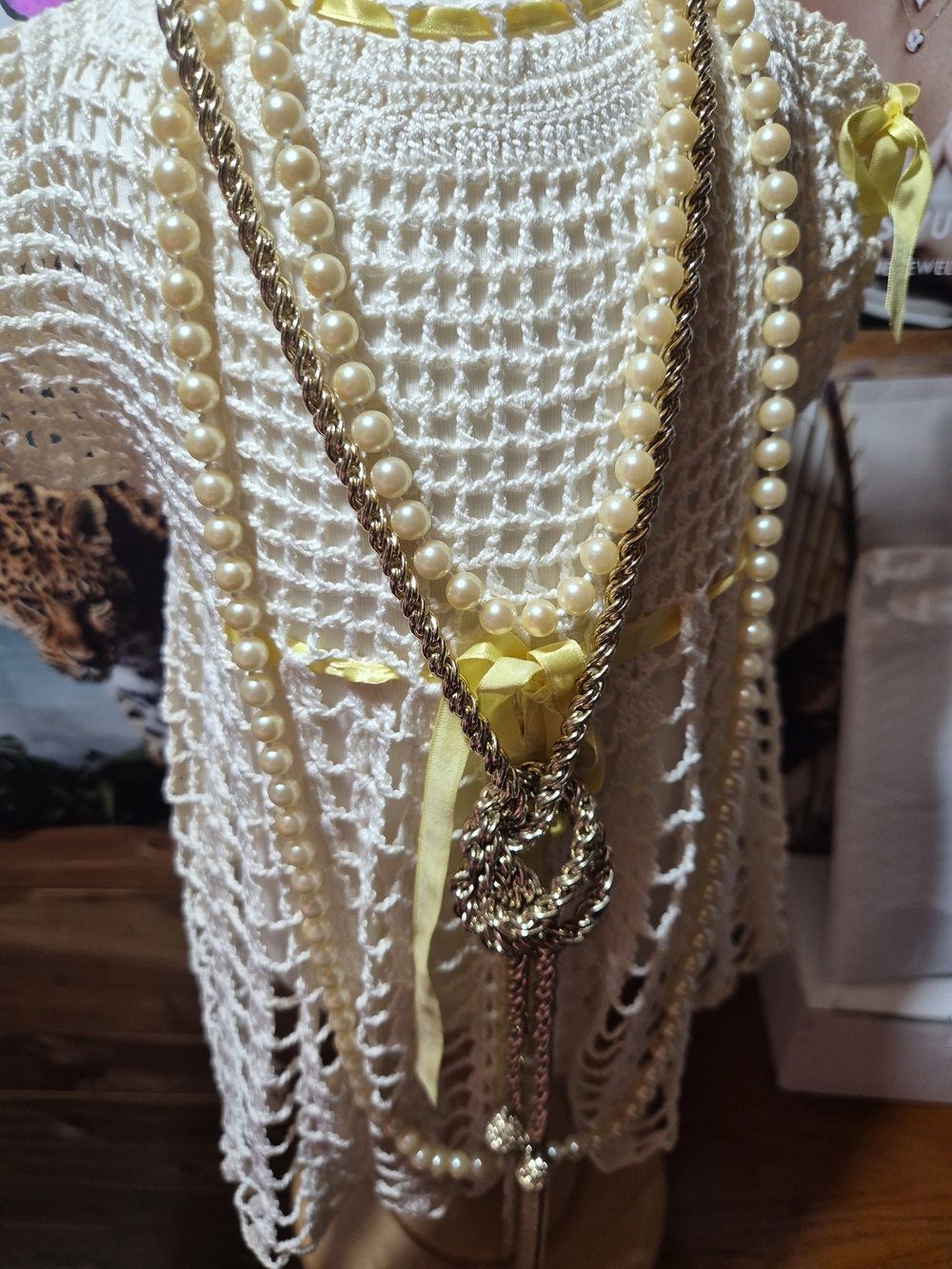 Avon Gold-Tone Rope Tassel Necklace with Cream Pearls and Yellow Ribbon Accents